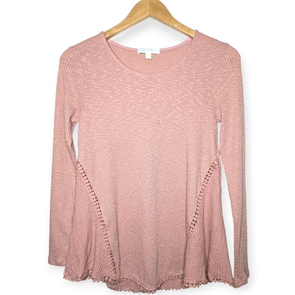 Anthropologie Eri + Ali Top Small Pink Waffle Knit Thermal Crochet Trim Boho